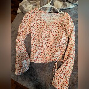 Floral Wrap Top - Red and White